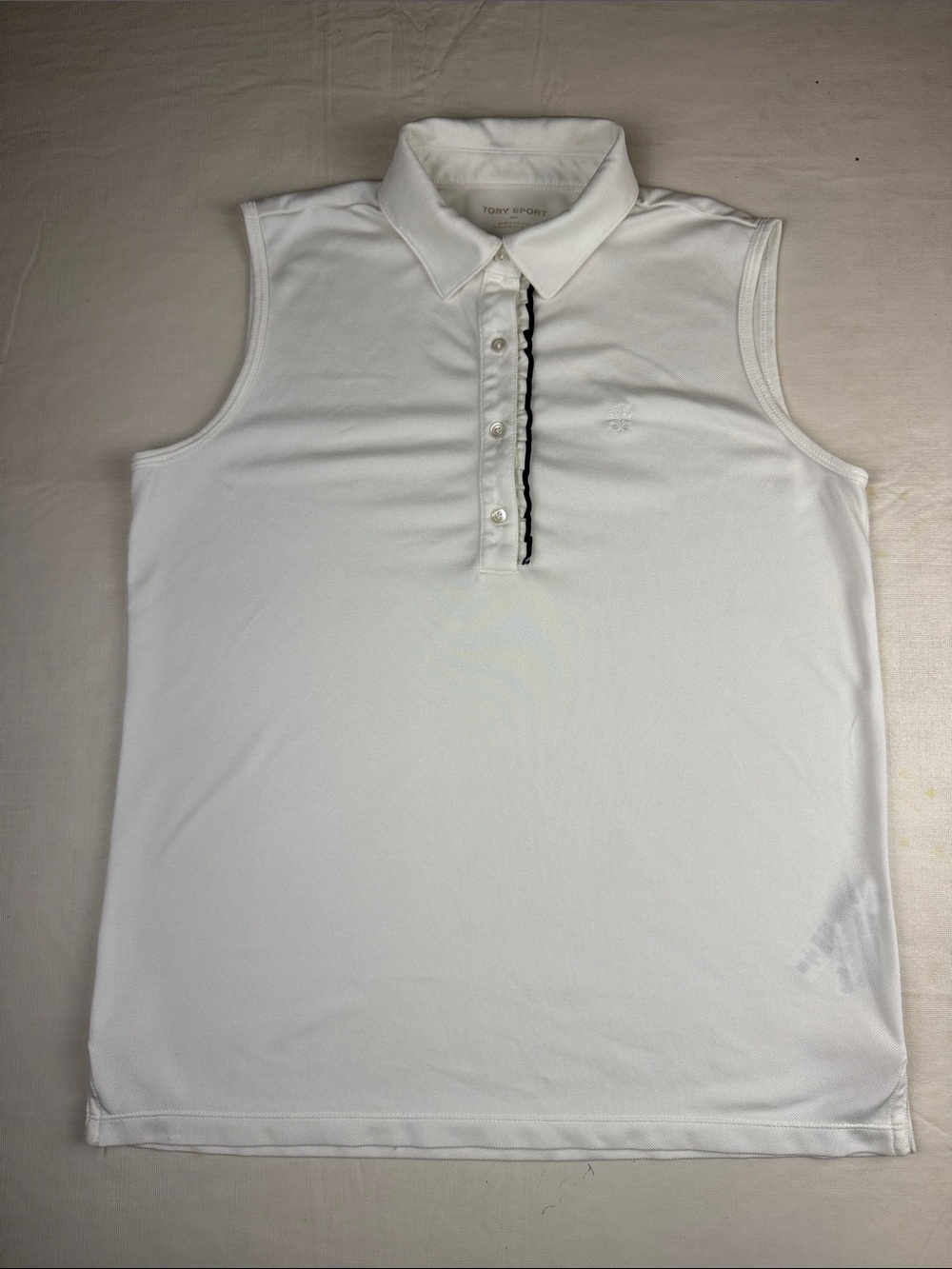 Tory Sport White Sleeveless Polo Tank Navy Ruffle Placket Trim Size S